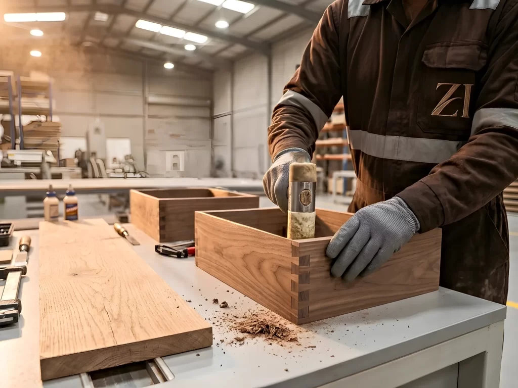 Carpenter assembling a dovetail drawer by hand