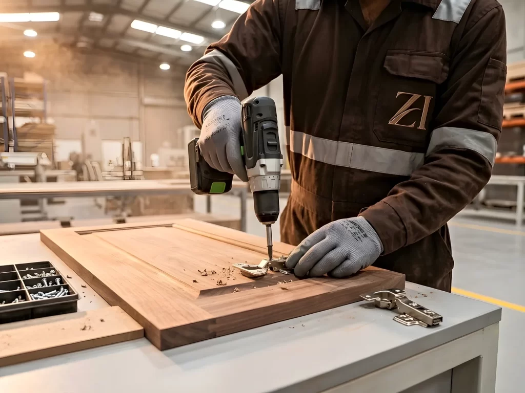 Carpenter fitting a cabinet hinge