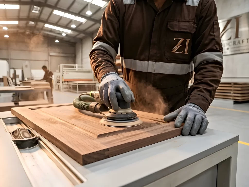 Hand sanding a wood panel