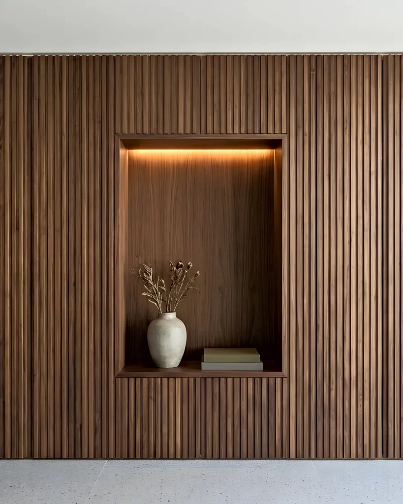Fluted walnut wall panelling design